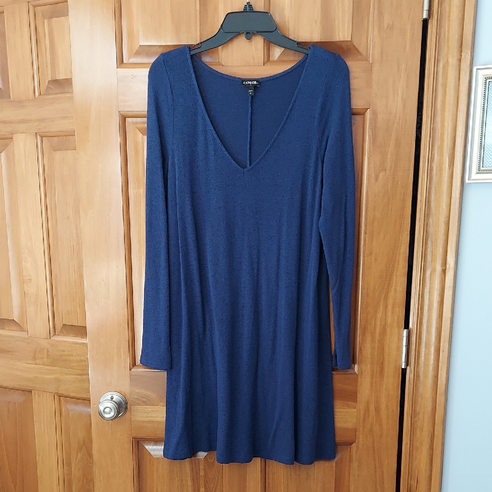 Express V-Neck Long Sleeve Navy and Black Sweater Dress, Size Large, Like New